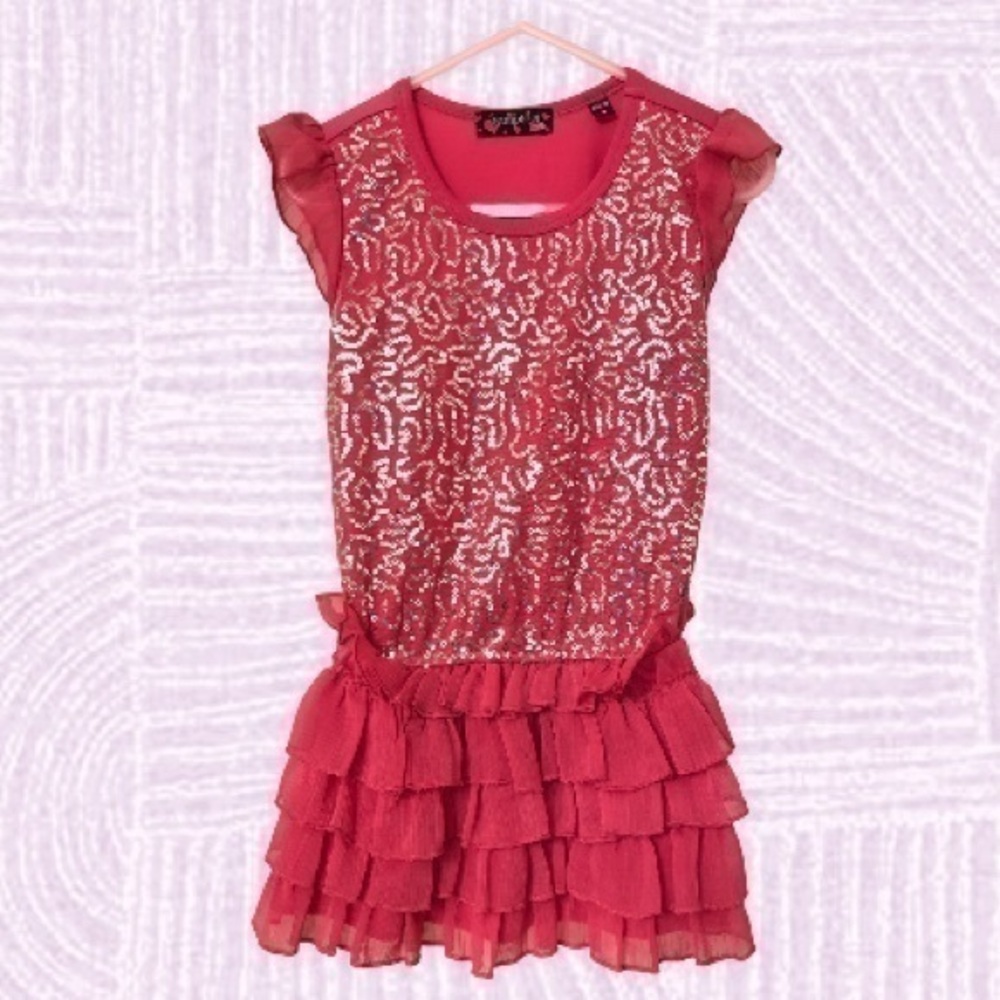 Tempted Girls Sequined Dress Size 4T Bright Pink Ruffled Bottom
